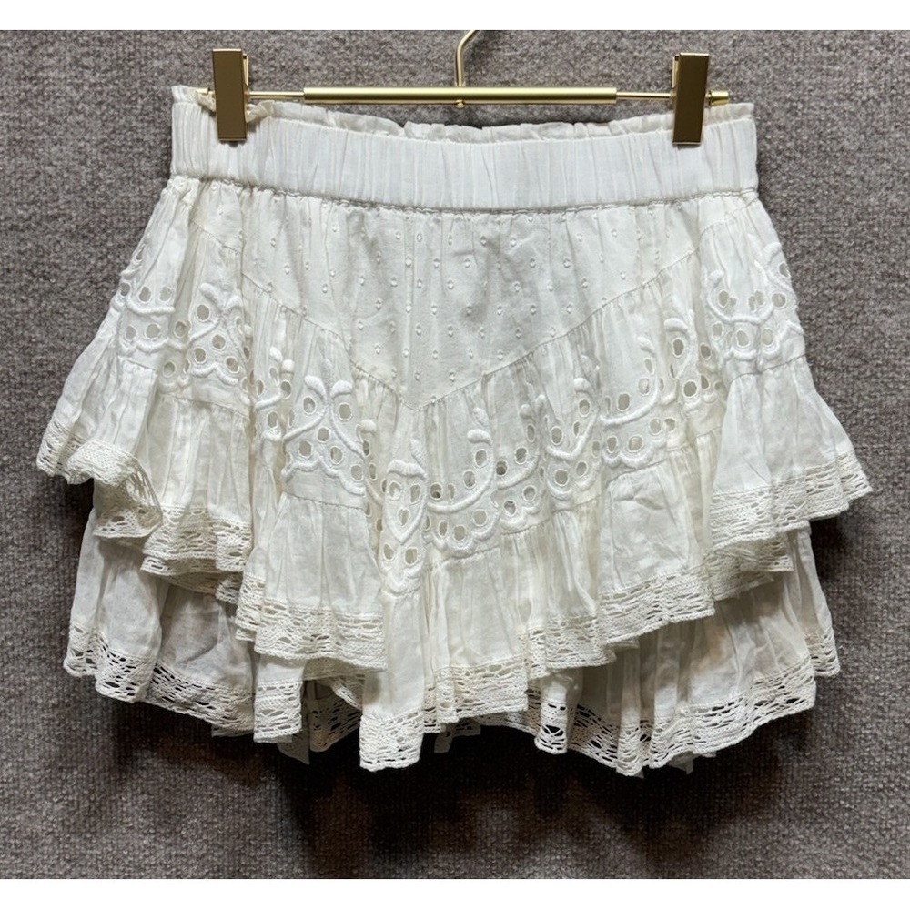 LoveShackFancy Mini Skirt Small Cream White Ruffle Eyelet Lace Tiered Boho